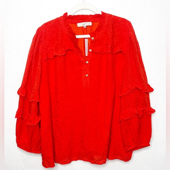 NWT Loft Clip Ruffle Button Blouse Red Orange Boho Size XL Ruffle Sleeves - Picture 4 of 12